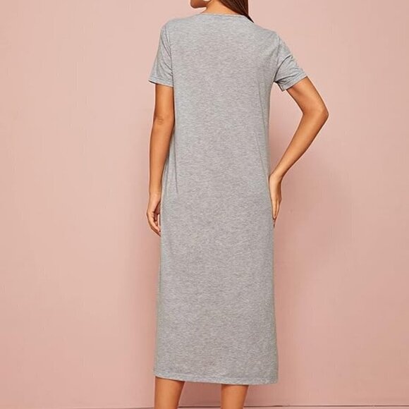 Striped Pocket Greek Print Side Slit Tee Dress - Picture 10 of 12